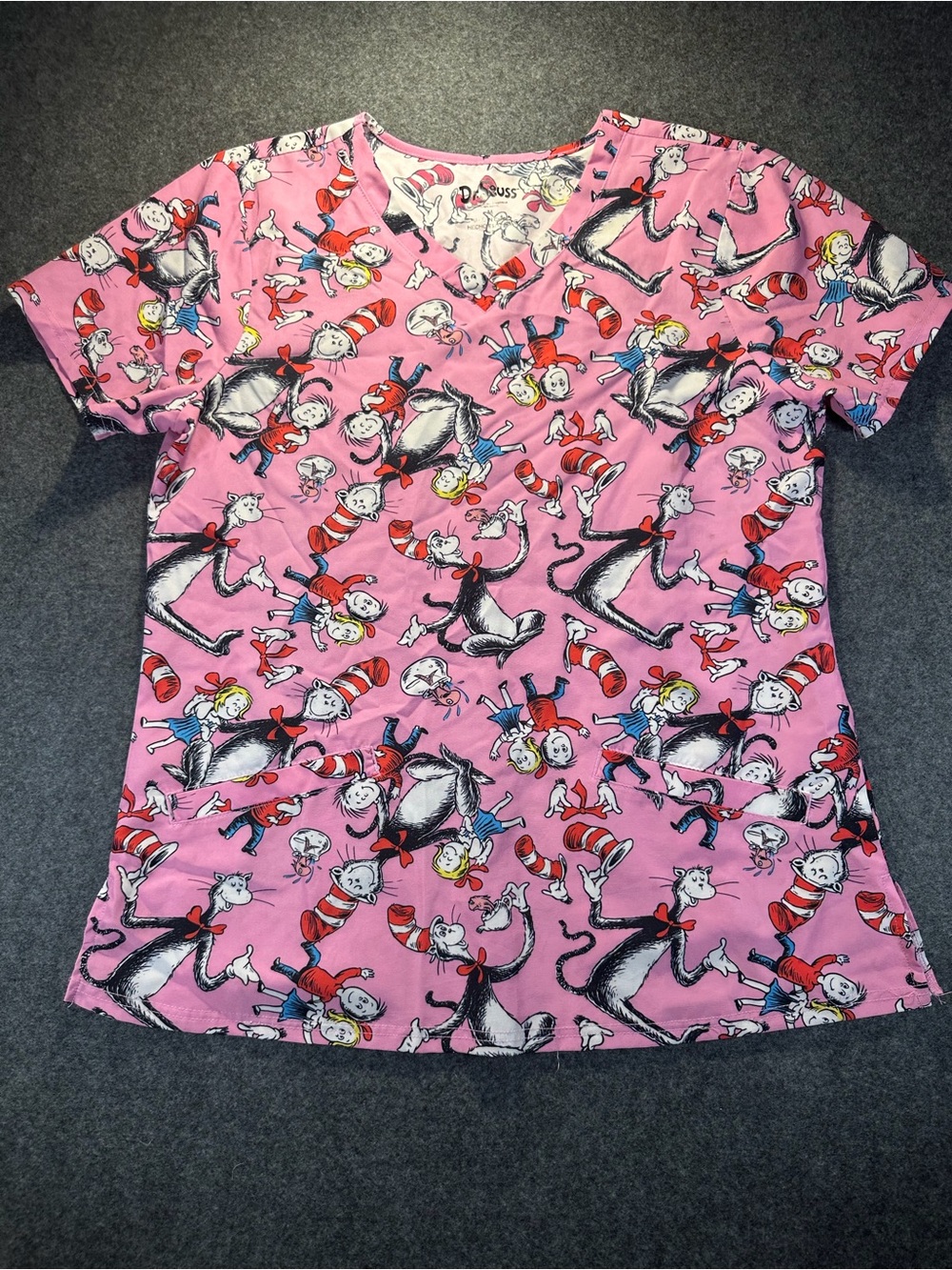 Dr. Seuss Pink Cat in the Hat Print Women's Scrub Top
